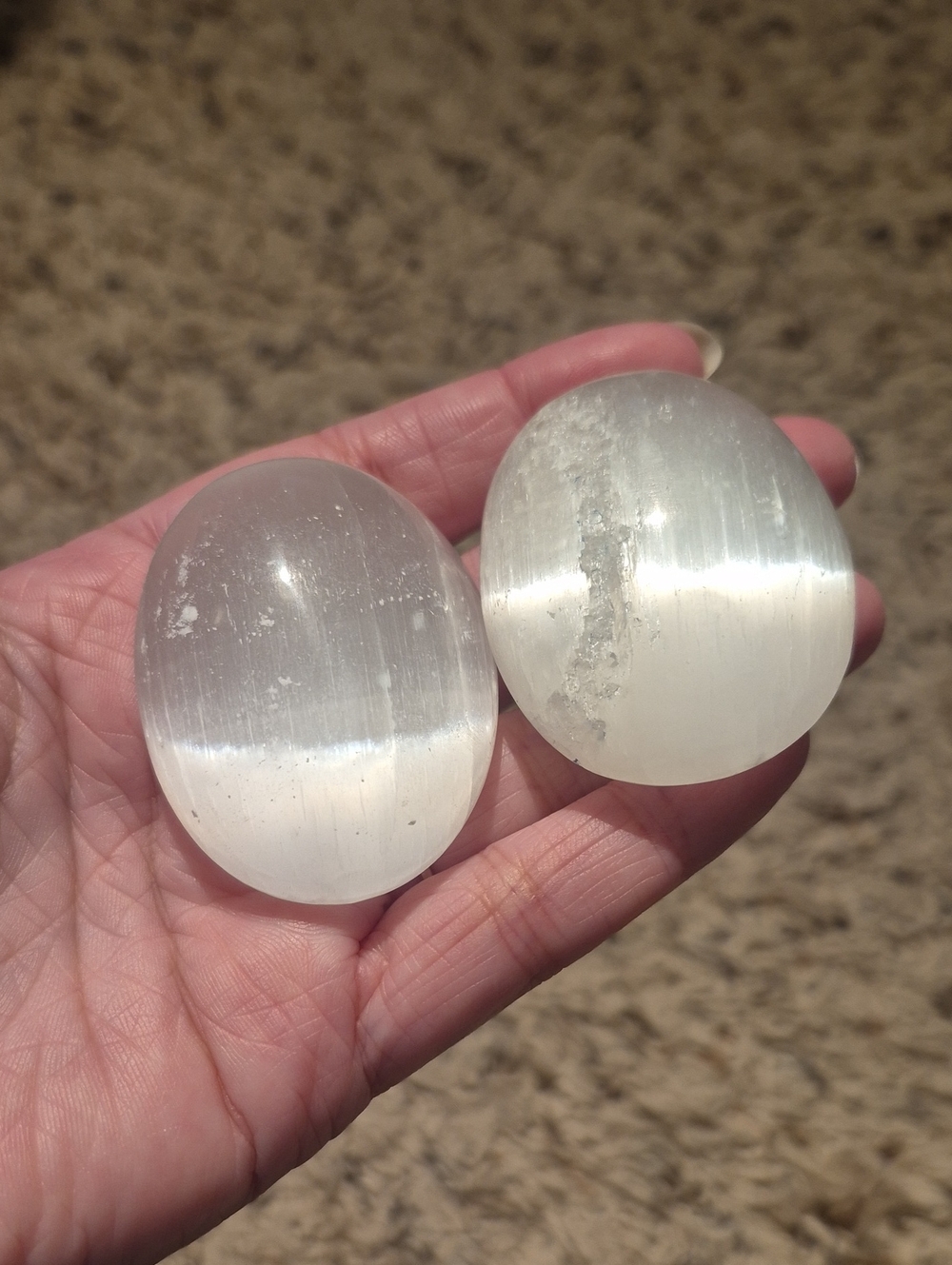 Selenite Palm Stone Pair - White Polished Healing Stones